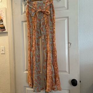 Free People Peach & Sky Blue Floral Wide-Leg Tie-Waist Pants